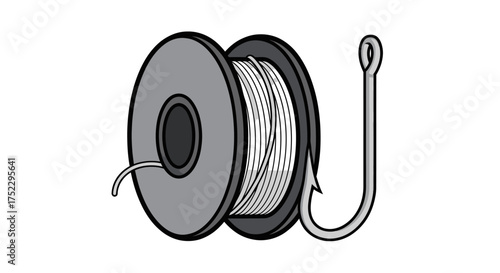 Fishing reel with line and hook illustration.