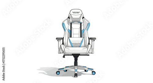 Ergonomic white and light blue racing-style gaming chair with adjustable armrests.
