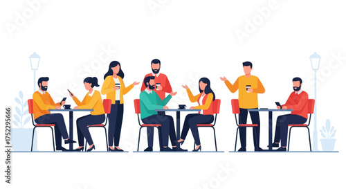 Diverse group of people enjoying conversation and drinks at a cafe.