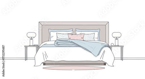Minimalist Line Art Bedroom Interior Illustration with Bed Pillows Blue Blanket Nightstands and Lamps.