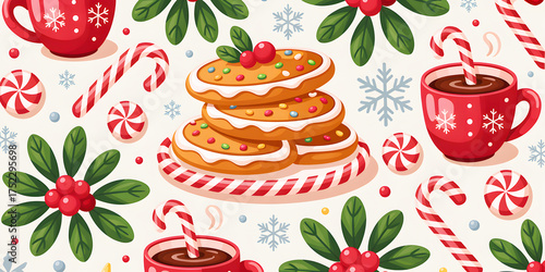 Festive Christmas Pattern with Candy Canes, Hot Chocolate, Gingerbread Cookies, Snowflakes, and Holiday Wreath in Red and Green Design