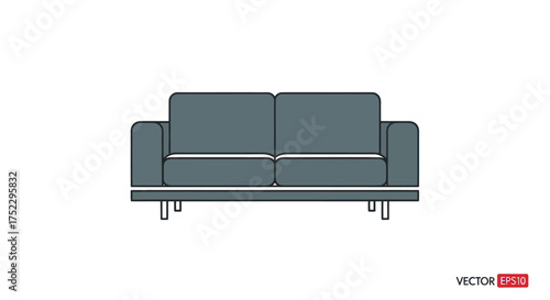 Modern dark grey two-seater sofa with metal legs front view vector illustration.