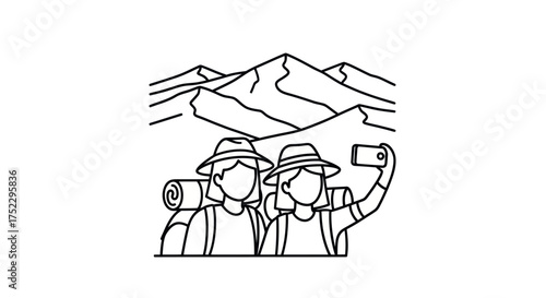 Two hikers in hats taking a selfie with mountains in the background.