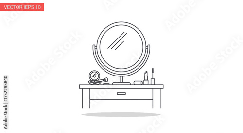 Elegant Vanity Table with Round Mirror and Makeup Accessories.