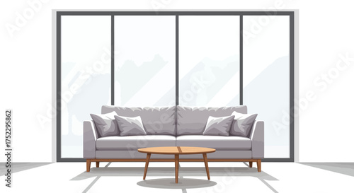 Modern Living Room Interior with Gray Sofa and Round Wooden Table.