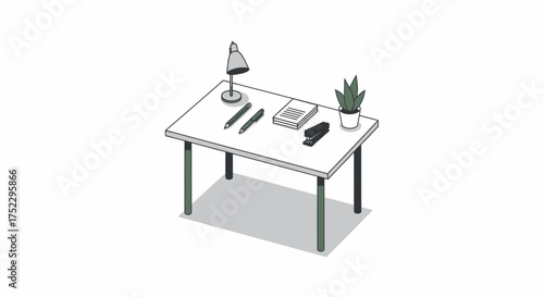 Simple Desk with Lamp Pens Notebook and Plant.
