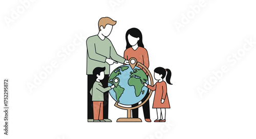 Cartoon illustration of a family with two children learning about the world with a globe.