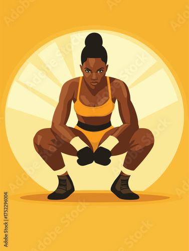 African female boxer crouching in defensive stance, taped hands, serious face, spotlight floor circle