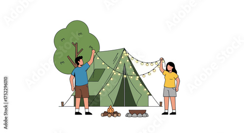 Couple decorating a green tent with string lights for camping.