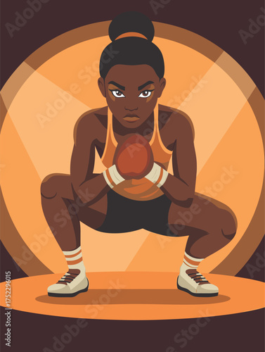 African female boxer crouching in defensive stance, taped hands, serious face, spotlight floor circle