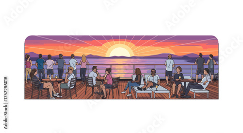 Vibrant Sunset Party on Cruise Ship Deck with Diverse People.