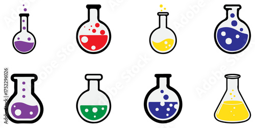 Science Laboratory Flask Icon Set – Colorful Chemistry Experiment Symbols Collection