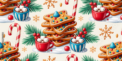 Seamless Christmas Pattern with Cookies, Gingerbread Men, Candy Canes, and Holiday Decorations in Festive Winter Treat Design
