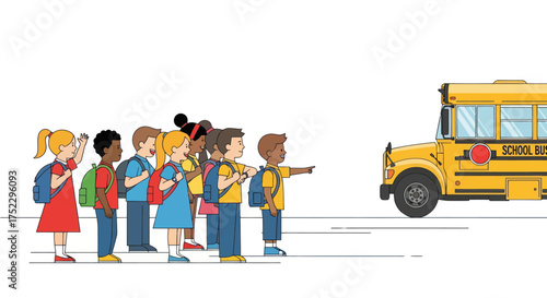 Diverse Children with Backpacks Waiting for a Yellow School Bus.