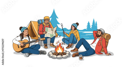Group of Friends Enjoying Campfire in Winter Landscape.