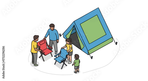 Family Camping Scene with Tent and Chairs Isometric View.