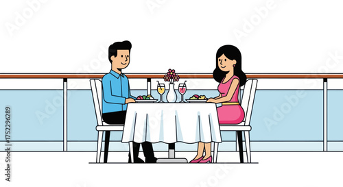 Cartoon illustration of a young couple having a romantic dinner date on a modern balcony.
