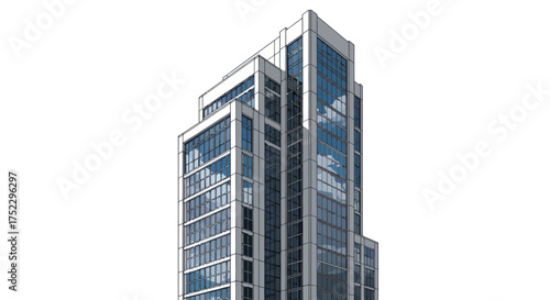 Modern Skyscraper Building with Glass Facade and Reflective Windows.