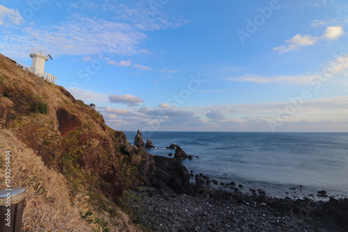 Scenic Coastal View of Seongsan Ilchulbong and the Beach in Jeju Island, South Korea