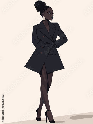 flat vector fashion model pose of African woman in oversized blazer and heel