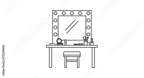 Simple line art illustration of a makeup vanity table with a lighted mirror and stool.