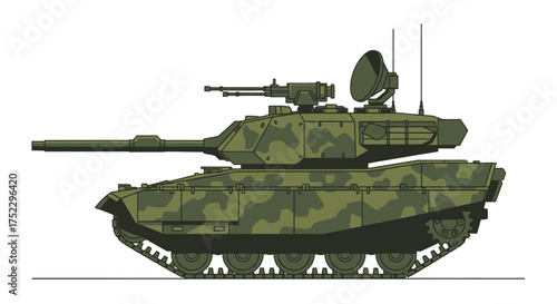 Modern Military Tank with Camouflage and Gun Barrel.