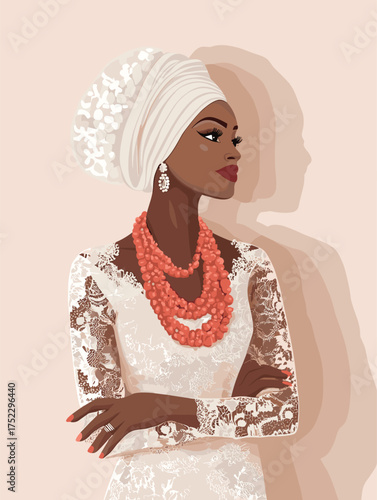 flat vector full portrait of African bride in elegant Nigerian lace attire, gele headwrap, coral bead necklace