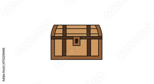 Cartoon Wooden Treasure Chest with Domed Lid and Lock Illustration.