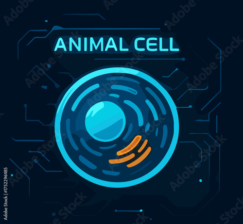 A stylized flat vector illustration of an animal cell featuring bright blue and orange organelles on a dark digital background, combining biology and futuristic design.
