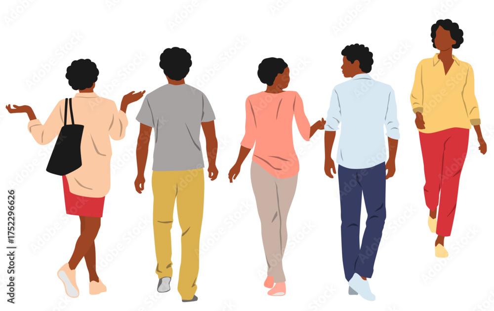 Fototapeta premium Young men and women, people walking, front and back view, dark skin, different colors, cartoon character, frends silhouettes, flat icon design concept isolated on white background