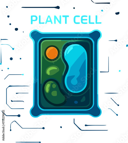 A flat  illustration of a plant cell featuring detailed organelles in green and blue hues, designed in a modern educational infographic style.