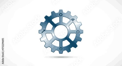 Single industrial blue metallic gear with spokes teeth and a textured steel finish.