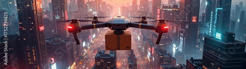 Drone carrying a package flying above illuminated cyberpunk city representing future logistics.