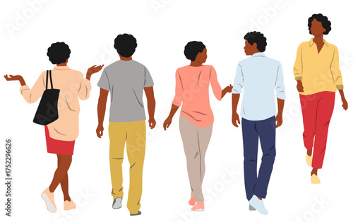 Young men and women, people walking, front and back view, dark skin, different colors, cartoon character, frends silhouettes, flat icon design concept isolated on white background