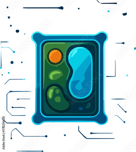 A detailed  illustration of a plant cell in green and blue hues, featuring organelles within a glowing rectangular structure, ideal for educational and scientific visuals.