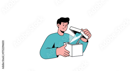 Man opening a white box with light emanating from within.