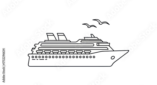 Detailed Outline Illustration of a Large Cruise Ship with Flying Seagulls.