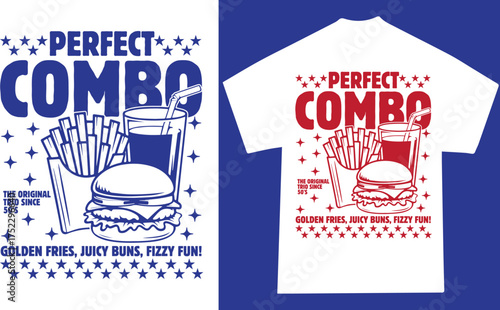 Retro Burger Combo T-Shirt Design Vintage 1950s Diner Style Fast Food Vector Illustration for Apparel Printing
