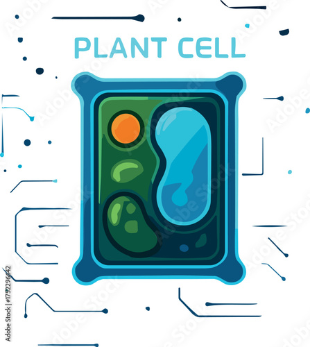 A flat  illustration of a plant cell featuring detailed organelles in green and blue hues, designed in a modern educational infographic style.