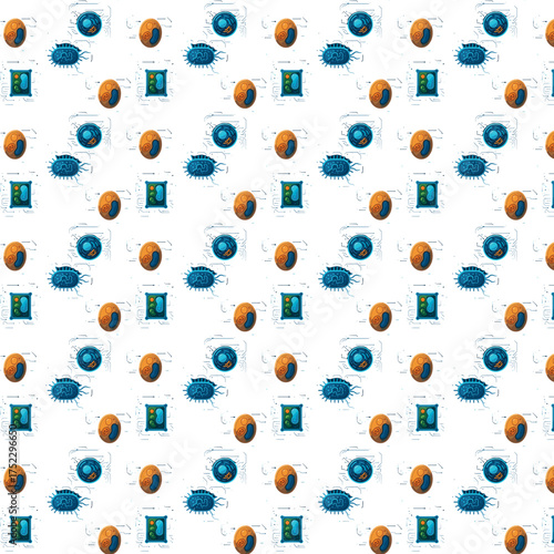 A seamless repeating pattern of scientific cell illustrations featuring plant, animal, bacterial, and fungal cells in a bright educational style on a white background.