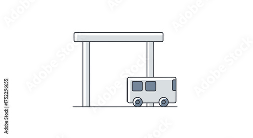 Minimalist white bus arriving at a grey bus stop illustration.