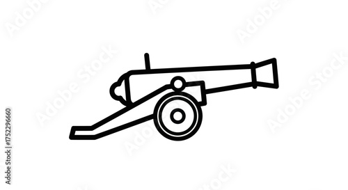Simple Line Drawing of a Cannon with Wheels and Barrel.