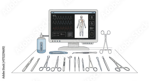 Medical Computer Displaying Human Anatomy and Surgical Tools.