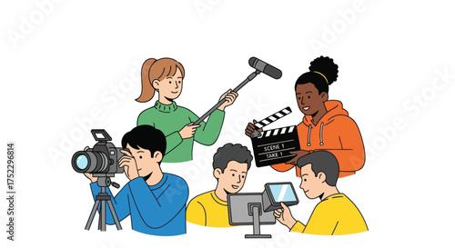 Group of Diverse Young Filmmakers Working Together on Set.