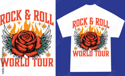 Rock and Roll World Tour T-Shirt Design Vintage Rose Wings Fire Vector Illustration for Band Merchandise Printing