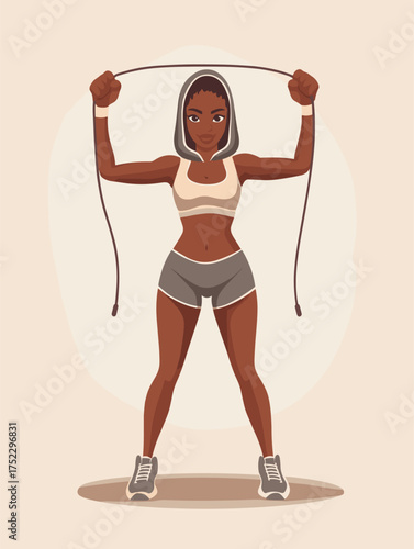 flat vector of African woman boxer doing jump rope in gym shorts and hoodie