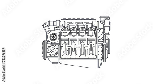 Detailed Line Drawing of a Four-Cylinder Internal Combustion Engine.