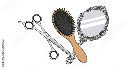 Illustration of Hairdressing Tools: Scissors Brush and Mirror.
