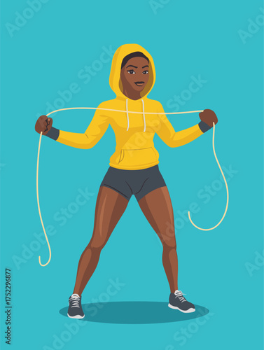 flat vector of African woman boxer doing jump rope in gym shorts and hoodie