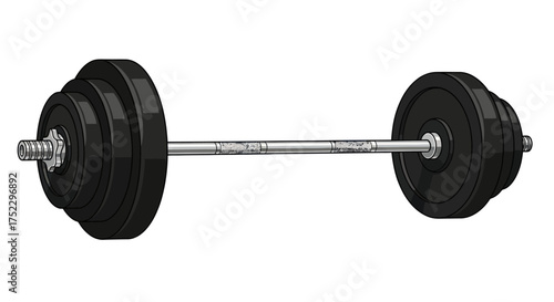 Black Barbell with Weights for Strength Training and Exercise.